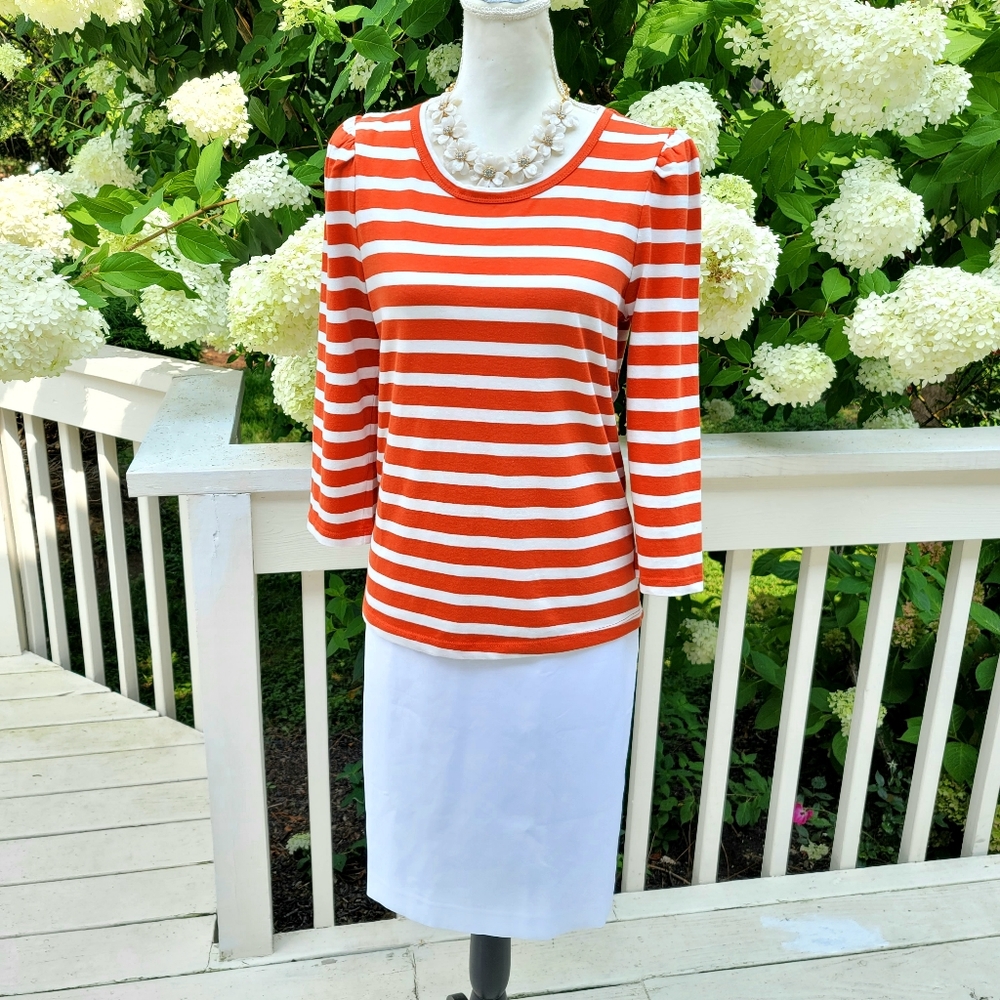 New! J.Crew sz M Medium Red Striped Puff-sleeve Cotton Top Shirt NWT